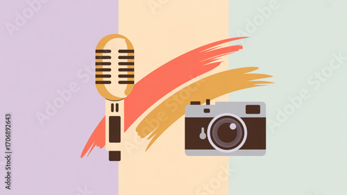 Microphone, paint strokes, and camera illustration on a colorful background, representing creative tools for content creation