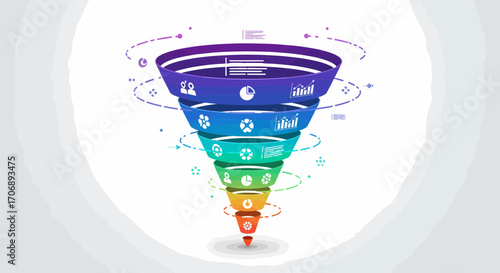 Colorful Sales Funnel Illustration With Data Visualizations And Metrics