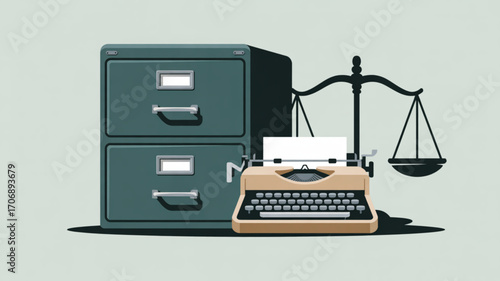Law and justice concept with file cabinet, typewriter and scale vintage office concept legal concept business concept