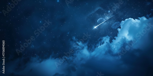 Magical shooting star streaks across a cloudy night sky filled with twinkling stars.