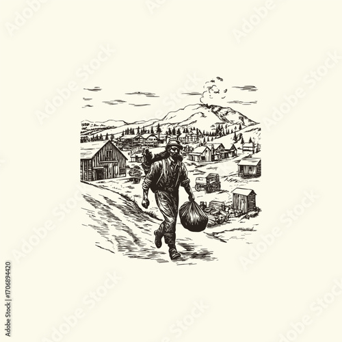 Vintage engraving style illustration depicting a 19th-century gold rush or pioneer man running with a sack in a remote, dusty mining town settlement, with mountains in the background.