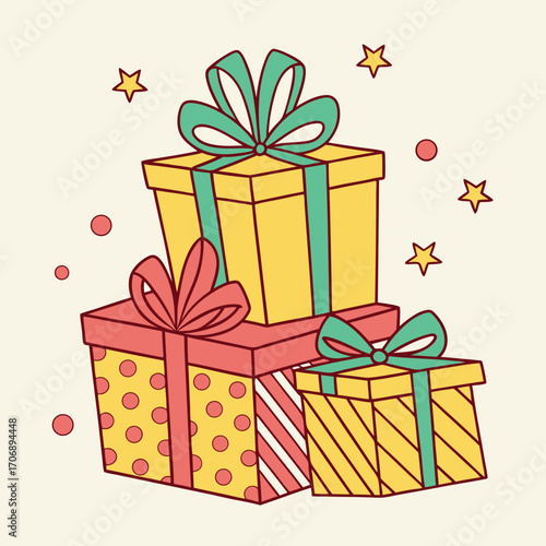 Stacked gift boxes with ribbons and stars are visible against a light background