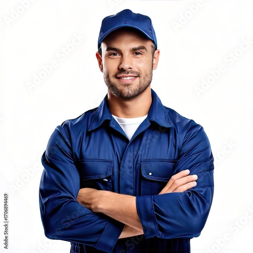 Smiling man in blue coveralls and cap