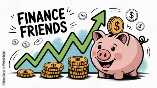 Finance friends concept showing a piggy bank with coins and an upward trending graph, symbolizing financial growth and investment success
