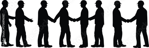 Silhouette of construction workers greeting and shaking hands, showing teamwork, partnership, cooperation, and communication, isolated on white background