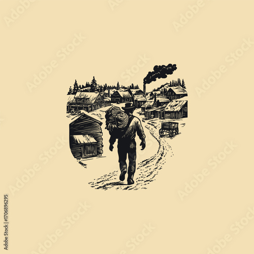 Vintage engraving style illustration depicting a 19th-century gold rush or pioneer man running with a sack in a remote, dusty mining town settlement, with mountains in the background.