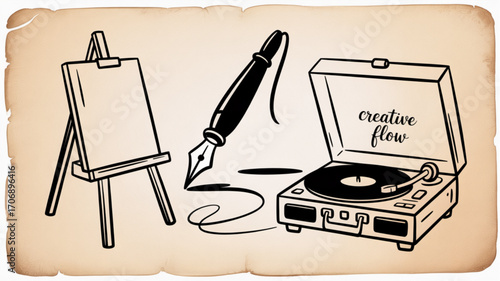 Vintage illustration of an easel, fountain pen, and record player, symbolizing creative flow and artistic expression on a parchment background