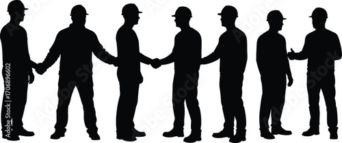 Silhouette of construction workers shaking hands, making deals, and communicating in teamwork, isolated on white background, vector illustration