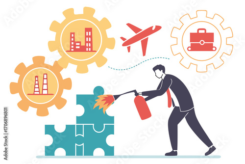 Businessman extinguishing fire crisis management concept illustration