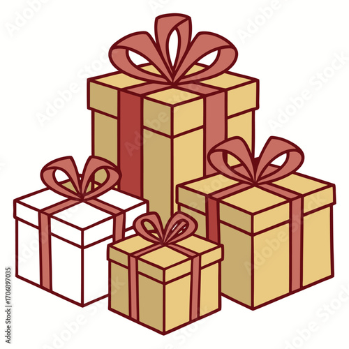 Four wrapped gifts, varying in size, display ribbons and boxy shapes against white