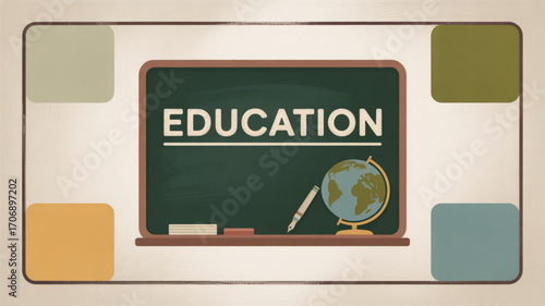 Education concept with chalkboard, globe, and pen icons representing learning and knowledge, symbolizing academic pursuits and the importance of educational opportunities