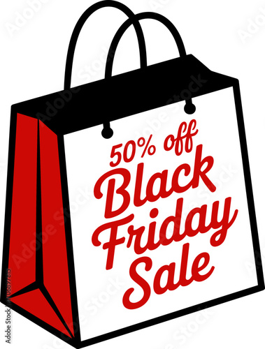 Bright shopping bag announces a 50% off Black Friday sale with bold red lettering.