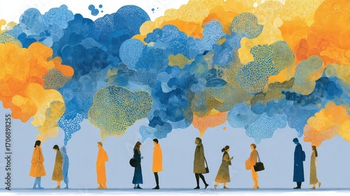 Abstract thought bubbles floating above simple human figures