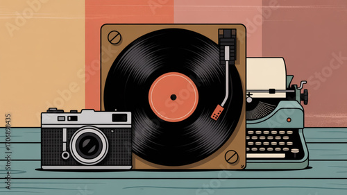 Vintage camera, record player, and typewriter create a nostalgic scene, evoking memories of past eras and artistic expression perfect for retro themes