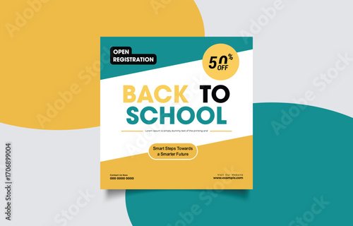 Back to School Open Registration Promotion with Fifty Percent Off Offer and Modern Design for Educational Institutions and Online Courses