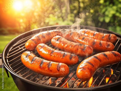 Juicy sausages on hot grill