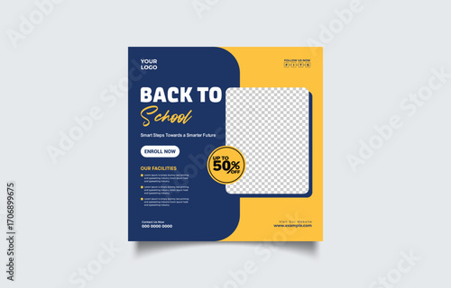 Back to School Promotion Template with Modern Design Featuring Blue and Yellow Colors and Space for Image Creating Eye Catching Designs