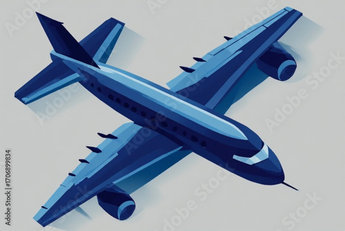 A dark-blue passenger jet airplane, viewed from above, is depicted in a stylized isometric illustration.