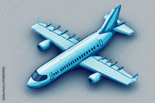 A stylized illustration of a light-blue passenger airplane, viewed from a slightly elevated angle, showcasing its design details.