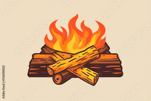 A stylized illustration depicts a campfire with burning flames atop stacked wooden logs.