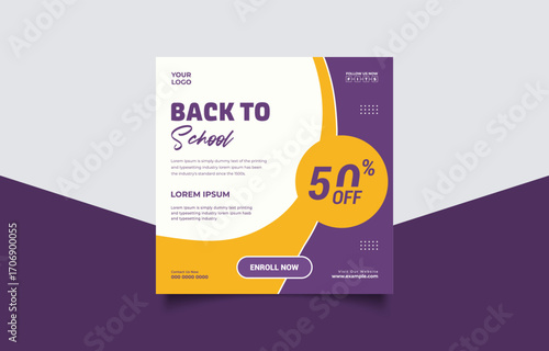 Back to School Sale Banner with Fifty Percent Off Promotion for Social Media Marketing and Education Campaign
