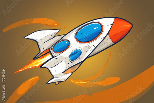 Cartoon rocket ship in flight, with vibrant colors and dynamic streaks.