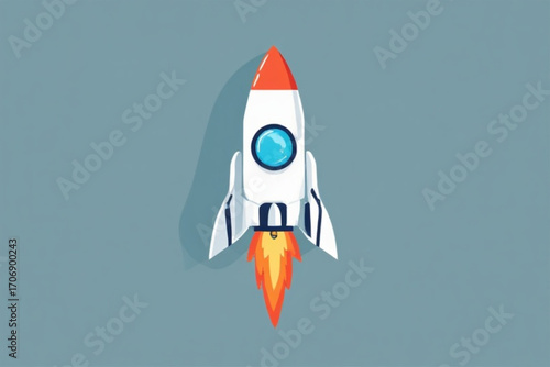 A stylized illustration of a rocket launching into space.