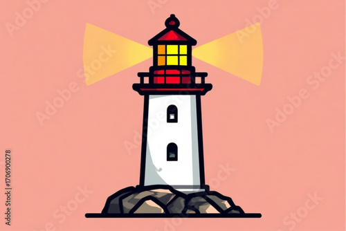 A cartoon lighthouse emitting bright beams of light, standing on rocks against a pastel background.
