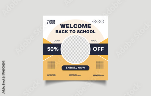 Eye Catching Back to School Promotion Template Design for Social Media and Marketing with 50 Percent Off Offer for Educational Institutions and Businesses