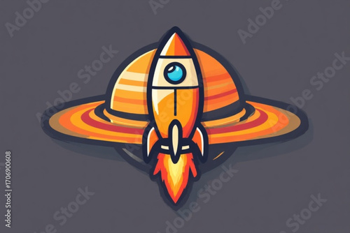A cartoon rocket ship blasting off from a planet with rings, creating a space scene.