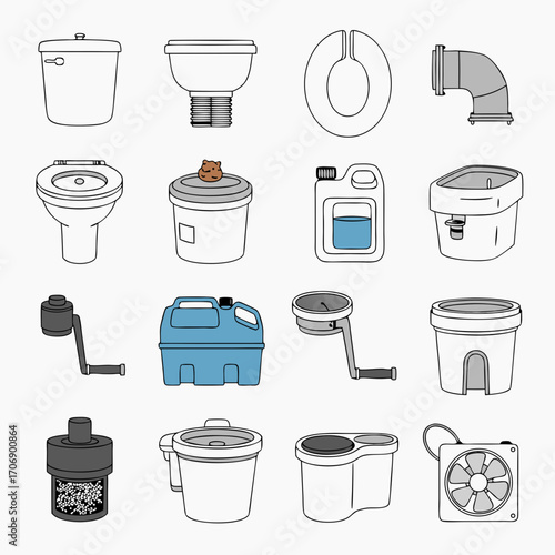 a collection of toilet and plumbing equipment in various styles and functions