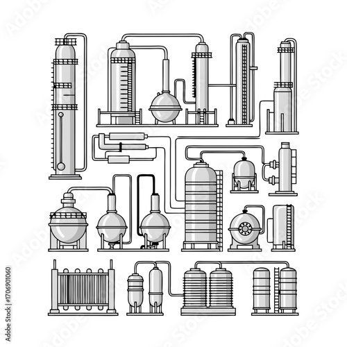 a detailed industrial plant with various machinery and equipment in a factory setting with a complex network of pipes and tubes