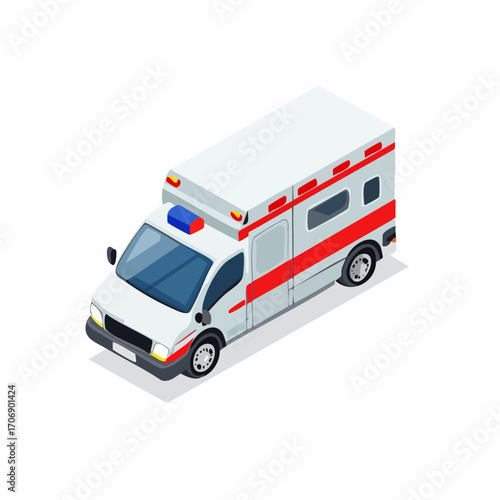 A simple isometric illustration icon of an ambulance providing first aid and emergency medical transport, symbolizing urgent wound care