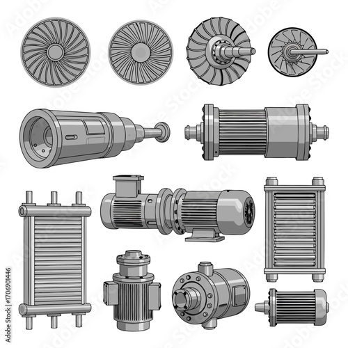 a collection of industrial metal machinery parts and mechanical components in gray