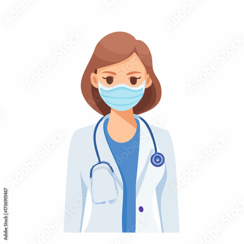 Vector illustration of a female doctor in a protective mask and lab coat, a simple icon representing healthcare services AIzaSyClPJ0XRC-nu8GkvNTzMe5e9SBIdu4I2DE