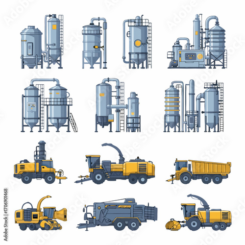 aerial industrial equipment and vehicles on a construction site with factories and machines in the background with a sense of industry and activity