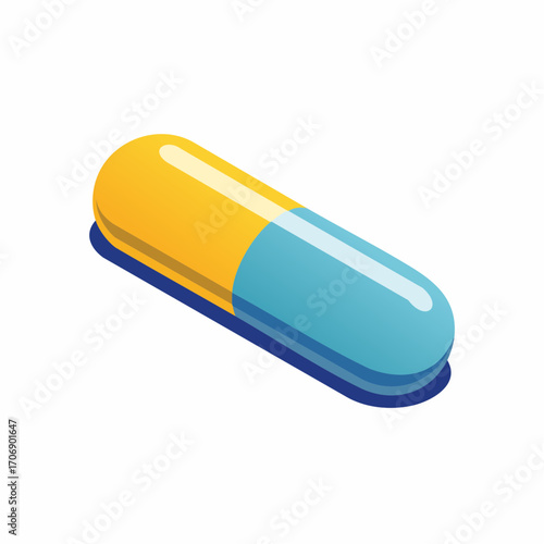 A simple vector illustration icon of a yellow and blue pill capsule symbolizing medication and healthcare