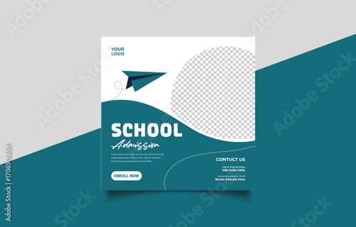 School Admission Announcement Template with Paper Airplane and Teal Design for Social Media
