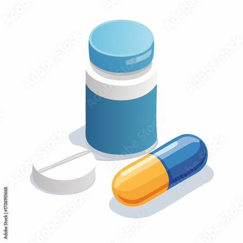 Healthcare and medicine concept shown in a simple illustration icon with a pill bottle, capsule, and tablet, isolated vector AIzaSyClPJ0XRC-nu8GkvNTzMe5e9SBIdu4I2DE