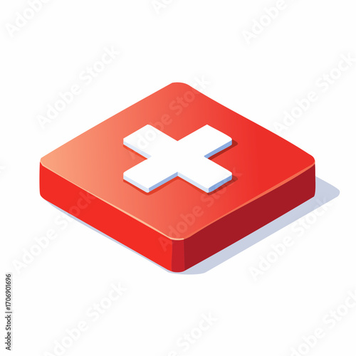 An isometric 3D red button with a white cross symbol, a simple AIzaSyClPJ0XRC-nu8GkvNTzMe5e9SBIdu4I2DE illustration icon for delete, error, or close notifications
