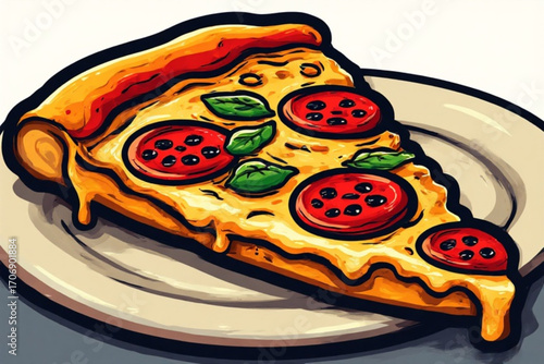 A slice of pepperoni pizza with basil on a white plate, featuring melted cheese and a crispy crust.