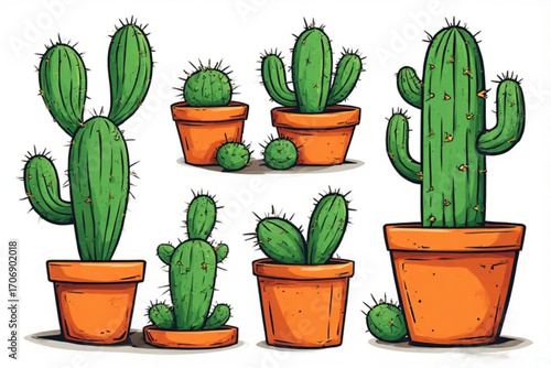 Collection of cartoon cacti in terracotta pots, showcasing various shapes and sizes against a white background.