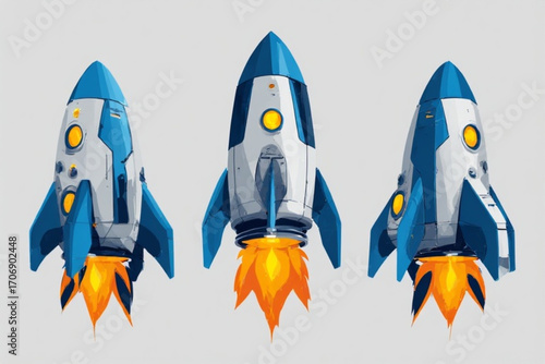Three stylized rockets, blue and white, shown from different angles, with fiery exhaust plumes, ready for launch.