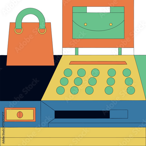 Stylized Illustration of a Retail Point of Sale System Featuring a Cash Register and a Shopping Bag