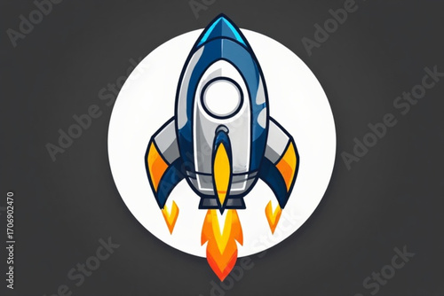 A stylized cartoon rocket ship blasts off, surrounded by a white circle against a dark gray background.
