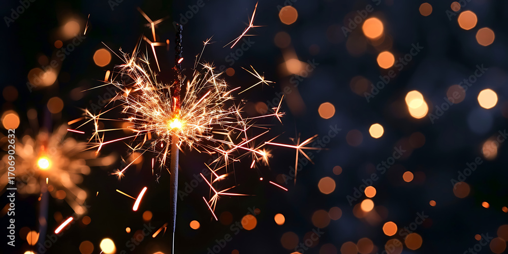 Obraz premium Sparkling fireworks illuminate the night sky with vibrant bursts of light and festive bokeh.