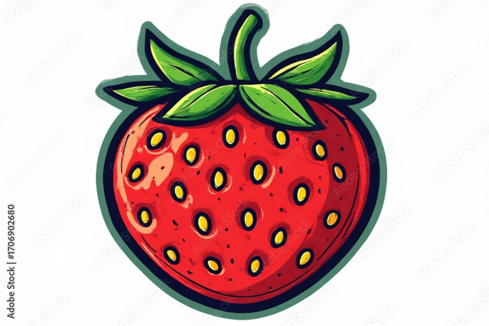Obraz premium A vibrant, stylized illustration of a ripe strawberry with green leaves and a white background.