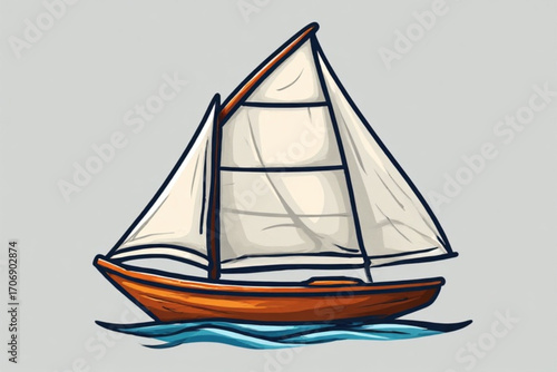 A stylized illustration of a sailboat with white sails sailing on the water.