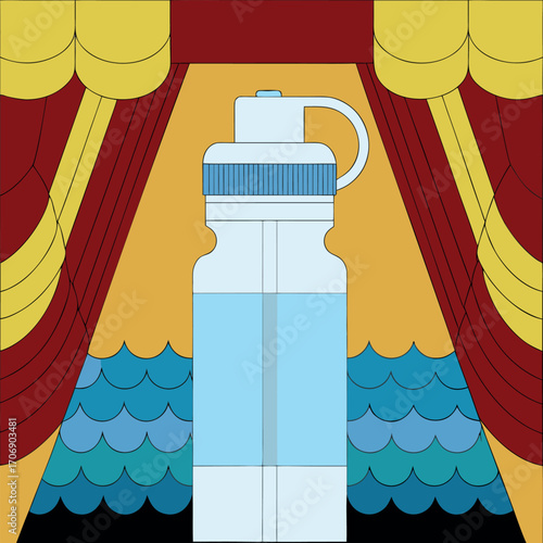 Whimsical Water Bottle Center Stage A Playful Still Life Featuring a Water Bottle Against a Theatrical Backdrop