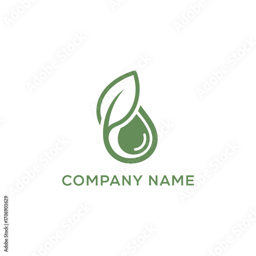 Green leaf and water drop logo symbolizing nature and purity.